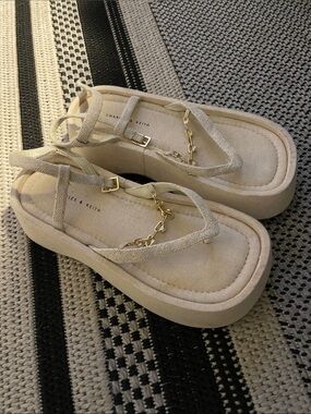 Charles & Keith Beige Platform Thong Sandals with Gold Chain